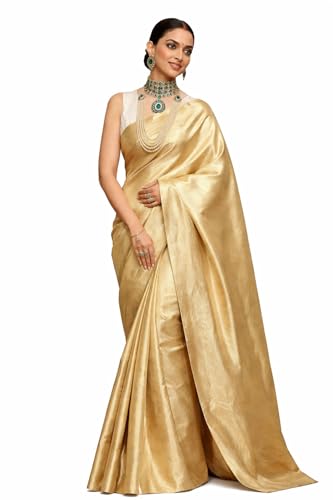 Womens Banarasi Golden Silk Saree With Unstitched Blouse Piece