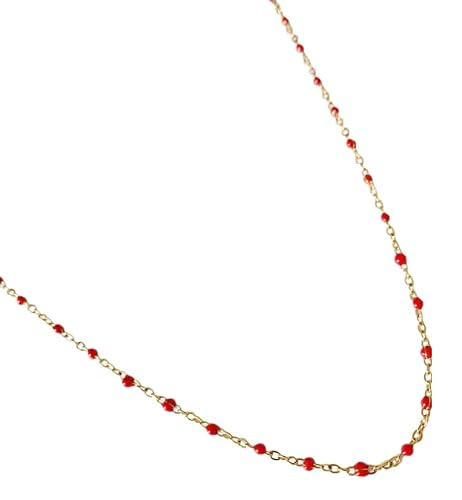 Collier perles émail artisanal - Collier chaine fine acier inoxydable doré - Collier été - Cadeau anniversaire femme et fille (36, Rouge)