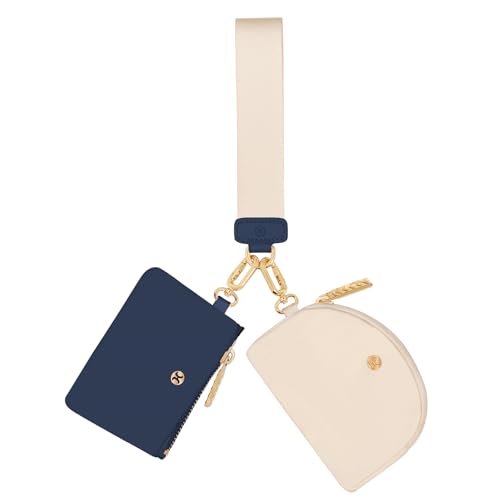 Hovmwey Keychain Wallet, Detachable Dual Pouch Wristlet Wallets for Women Men, Portable Mini Zip Around Small Wallet Coin Purse(Royal Blue+White)