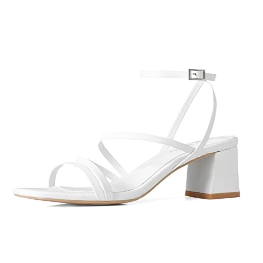 Shoe'N Tale Strappy Heels for Women Low Chunky Block Heel Dress Shoes Square Open Toe Ankle Strap Heeled Sandals(7.5,A-White)