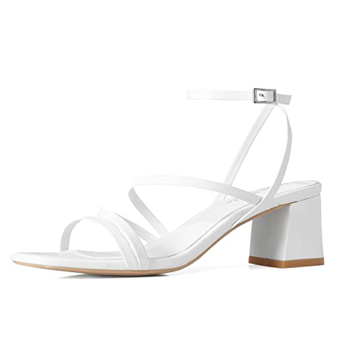 Shoe'N Tale Strappy Heels for Women Low Chunky Block Heel Dress Shoes Square Open Toe Ankle Strap Heeled Sandals(5,White) by Shoe'N Tale - Used condition - US$31.19