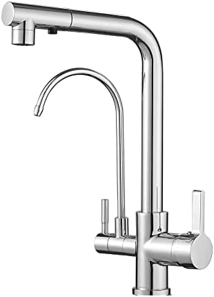Yadzisw Chrome 3 Way Kitchen Faucet With Pull Out Sprayer, Dual Handle Sink Mixer For Drinking Water Purification, 360° Swivel Spout