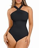 Lover-Beauty Bodysuits for Women Tummy Control Bodysuit Shapewear Criss Cross Halter Top Bodysuit Thong Body Suit Black Plus Size