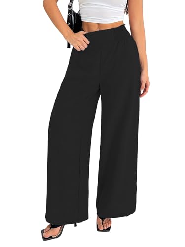 Image of Sugathari Women's Casual Wide Leg Pants - High Waist Elastic Waistband Loose Fit Long Trousers | Lightweight Straight Leg Summer PantsTrouser 254