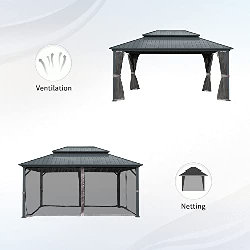 Domi 12' X 14' Hardtop Gazebo, Aluminum Metal Gazebo With Galvanized Steel Double Roof Canopy, Netting, Permanent Gazebo Pavilion For Patio, Backyard, Deck, Lawn #TOP3