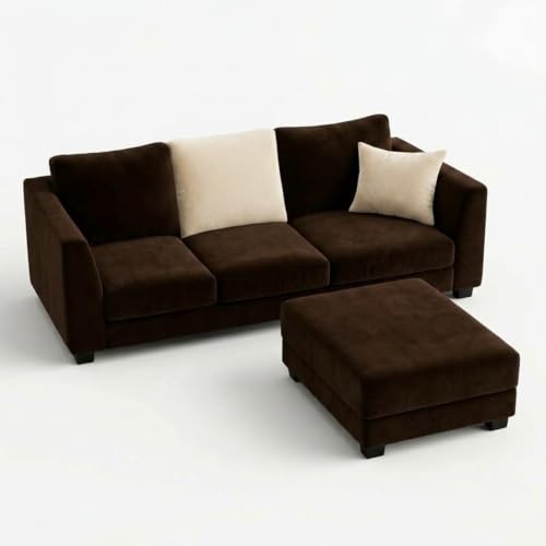 Image of SOCOZI Trevano 4 Seater L Shape Sofa Set with Movable Ottoman | Flexible Left or Right Layout | Soft Velvet Suede Fabric | Modern Design | Plush Comfort Cushions for Living Room (Dark Brown-Cream)