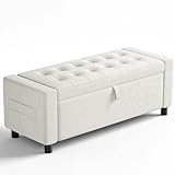 Amada 46' Storage Ottoman Bench with Safety Hinge, Hidden Compartment & Side Pocket - Upholstered End of Bed/Entryway Bench for Bedroom & Living Room, 400 lbs Weight Capacity, Beige