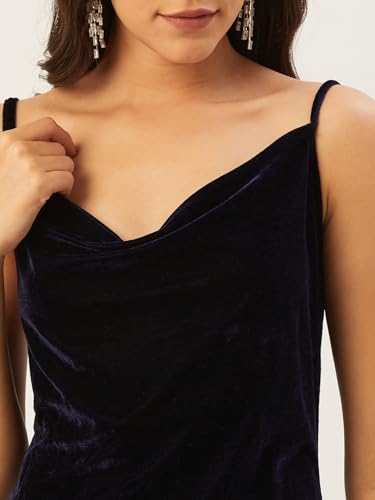 Image of Anvi Be Yourself Women's Solid Shoulder Strap Sleeveless Velvet Midi Bodycon Dress || Trendy Womens Cowl Neck Strappy Sheath Casual Dress with Side Slit || Western Plain One Piece Dress for Women
