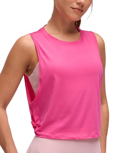 CRZ YOGA Pima Cotton Summer Gym Sleeveless Vest Tops for Women Light Elastic Running Crop Top Loose Crew Neck Yoga Shirt Sonic Pink 12
