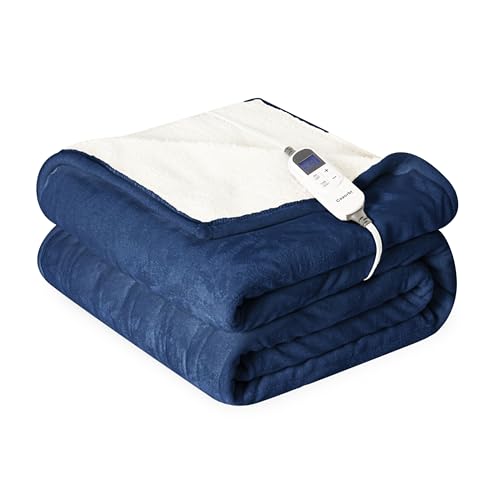 Cozorbt Heat Blanket 72”x84” Full Size,Soft Flannel & Sherpa Reversible Electric Blanket with 10 Heat Settings,12 Timer Setting and 8 Hours Auto-Shut Off,ETL Certified Machine Washable,Dark Blue