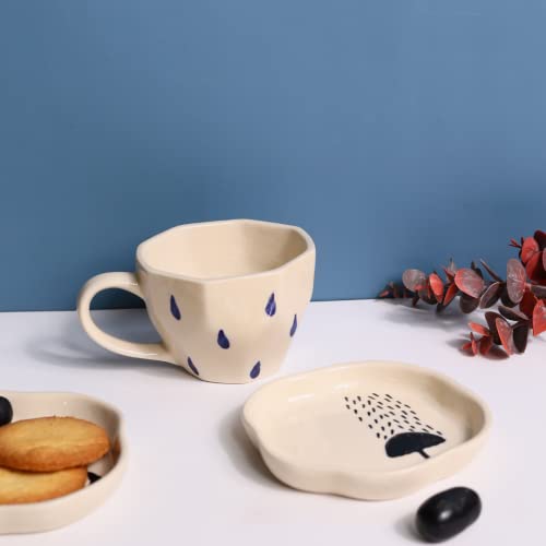 Image of WEAVING HOMES Ceramic Raindrop Mug & Umbrella Dessert Plate (Set of 2) - Mugs, Plates, Ceramic Mugs, Dessert Plates, Coffee Mugs, Mug & Plate Set, Tea Mugs