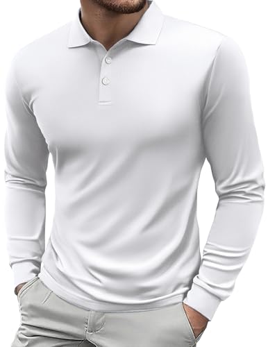 PINSPARK Polo Shirt Men's Long Sleeve Golf Shirts UPF 50+ Quick Dry Moisture Wicking Polos Outdoor Sports Poloshirt Tennis Hiking Casual Work Polo T-Shirt White 3XL