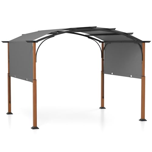 GOPLUS Pergola Rétractable 360 x 300 cm, Pergola de Terrasse Arquée avec Auvent Réglable, Piquets de Sol, Cadre en Métal, Auvent de Patio, Abri Métallique pour Jardin, Porche, Plage, Cour (Gris)
