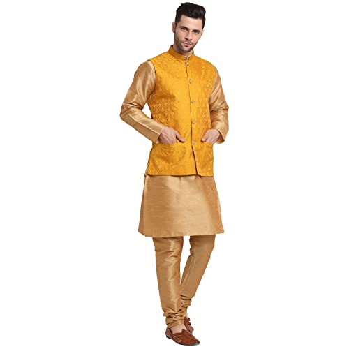 Image of KRAFT INDIA Mens Gold Silk Blend Kurta and Churidar Set With Jacquard Paisley Nehru Jacket