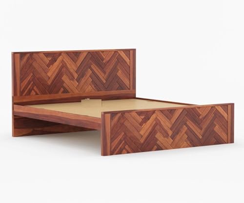 Image of Sheesham Wood Queen Size Bed Without Storage | Wooden Bed Queen Size Double Cot Palang Bed for Bedroom | Zigzag Design Headboard Bed for Living Room | Honey Finish