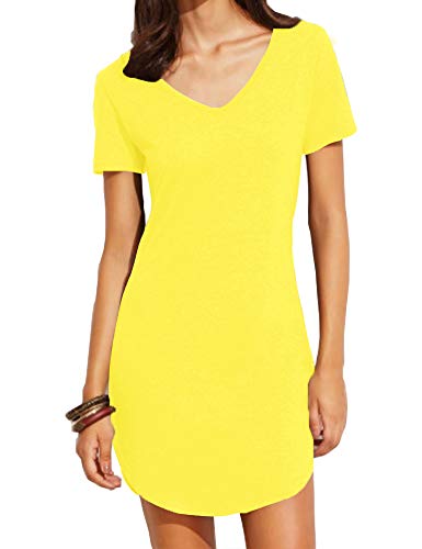 Women's Summer Short Sleeve Slim Fit Shirts Mini Dresses Floral Print Juniors Dress Top Yellow S