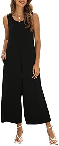 Nfsion Women's Summer Casual Loose Tank Jumpsuit Sleeveless Crewneck Jumpsuit Romper with Pockets Medium Black