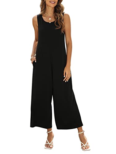 Nfsion Women's Summer Casual Loose Tank Jumpsuit Sleeveless Crewneck Jumpsuit Romper Outfits with Pockets Large Black