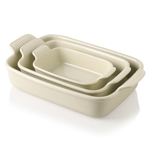Sweejar Baking Pans Set, Ceramic 9x13 Baking Dish with Handle, Rectangular Casserole Dishes for Oven, Bakeware Sets of 3, Durable Lasagna Pan Deep for Kitchen, Banquet, Wedding Gift(Beige)
