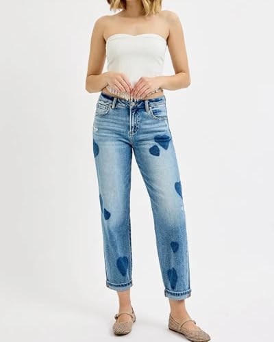 SCOFEEL Women's Cropped Denim Pants Mid Rise Straight Wide Leg Jeans Heart Shade Boyfriend Denim Pant with Pockets2