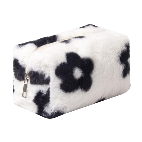 OZAOZ Checkered Makeup Bag Plush Cosmetic Bag Asthetic Plaid Handbags Cute Zipper Travel Toiletry Bag Soft Storage Pouch Pencil Case Bag for Women Girls (Flower-White)