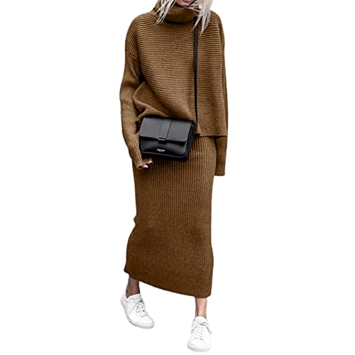 Image of chouyatou Women's Turtleneck 2 Piece Outfits Ribbed Knit Sweater Midi Pencil Skirt Set