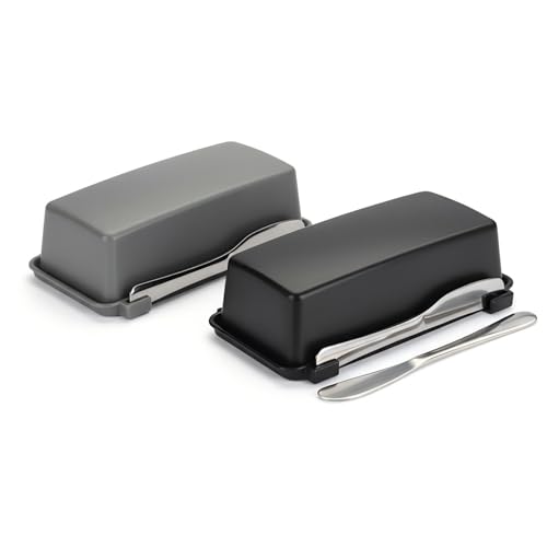 2 Stück Butterdose mit Deckel, Grau & Schwarz Kunststoff Butterdose mit Buttermesser, Langlebig & Stilvoll Butterdosen, 200 g Butter Dose für Arbeitsplatte und Kühlschrank, Leicht zu Reinigen