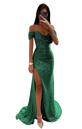 Sequin Prom Dresses for Women Off Shoulder V-Neck Long Ball Gown with Slit Formal Evening Party