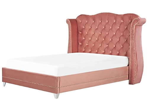 Cama con somier de terciopelo rosa 180 x 200 cm listones cabecero capitoné Ayette Cover