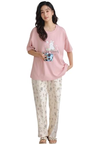 Image of GLASGO Women's Cotton Pajama Set with Top & Pants|| Korean Night Wear|| Loose Fit Home Wear || Lightweight Printed Set || Soft & Comfy Sleepwear for Girls & Women || LNS-4-$