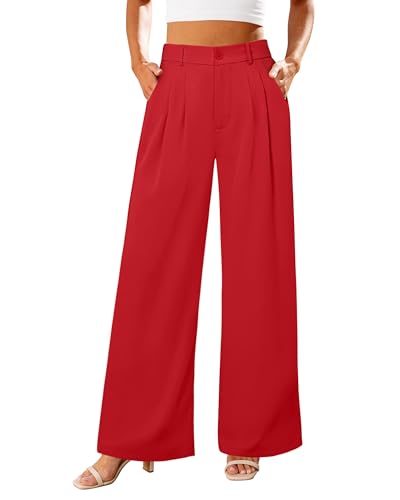 GRAPENT Wide Leg Pants High Waisted Trousers Women High Waisted Slacks for Women Flowy Pants for Summer Business Casual Red Wide Leg Palazzo Slacks Color True Red Size Medium Size 8 10