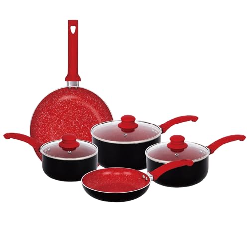Gr8 Home Aluminium 8 Piece Marble Stone Effect Non Stick Cookware Set Ceramic Induction Frying Pan Saucepan with Lid Cooking Kitchenware (Red)