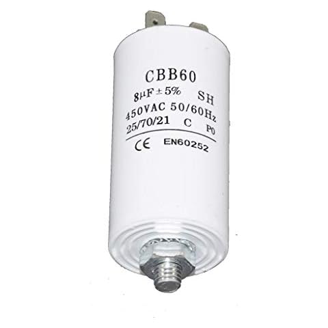 8Uf Microfarad Motor Start Run Capacitor 450V Ac Compatible With Aeg, Ariston, Beko, Bosch, Creda Spade Connector Cover
