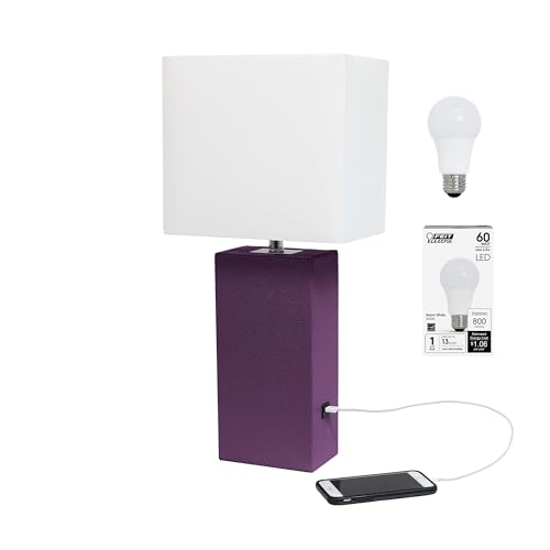 Elegant Designs LT1053-EGP-LB Modern Leather Wrapped Table Lamp with USB Port for Living Room, Hallway, Entryway, Bedroom, Office, Eggplant Purple, with Feit LED Bulb Included