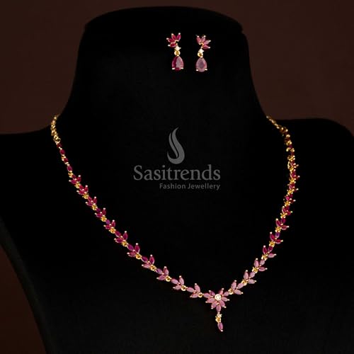 Image of Sasitrends Micro Gold Plated American Diamond Ruby stone Studded Necklace Jewellery Set