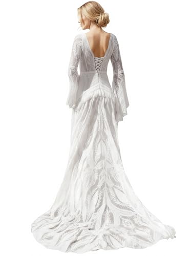 Lanbaodress Beach Lace Wedding Dress V Neck Long Bell Sleeves