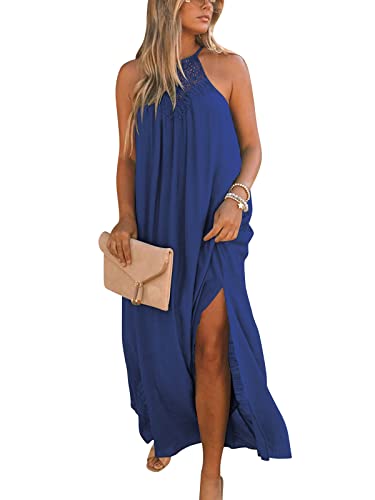 Image of FARORO Sleeveless Long Dress for Women Boho Halter Maxi Sundress Casual Loose Dresses Split Cover Up Gown with Pockets