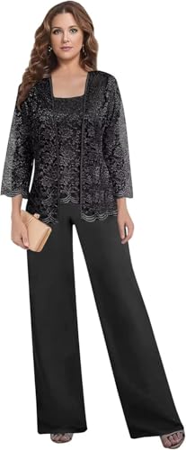 Elegant Black Lace Mother of the Bride Pantsuit Set - Size 18 Plus by TIANMEI