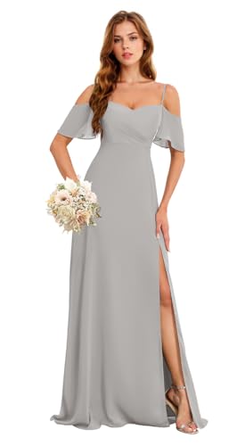 Image of Plus Size Chiffon Bridesmaid Wedding Guest Dresses Off The Shoulder A Line Formal Evening Gowns US16W HGR93 Silver