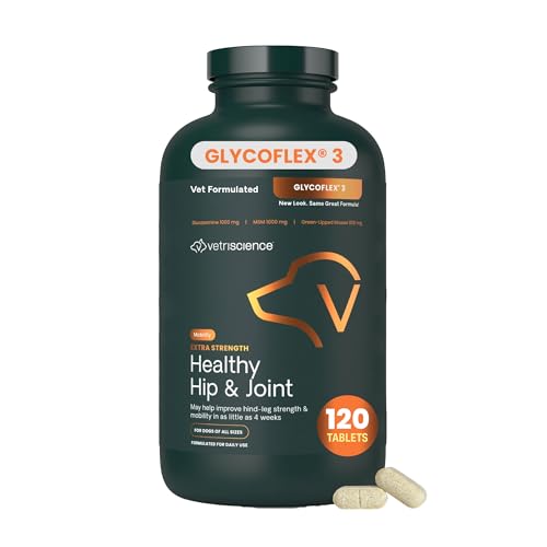 VetriScience Extra Strength Healthy Hip & Joint Chewable Tablets, GlycoFlex Glucosamine and Green-Lipped Mussel Joint Support Supplement for Dogs, Soothe Joint Discomfort, Chicken, 120 Count