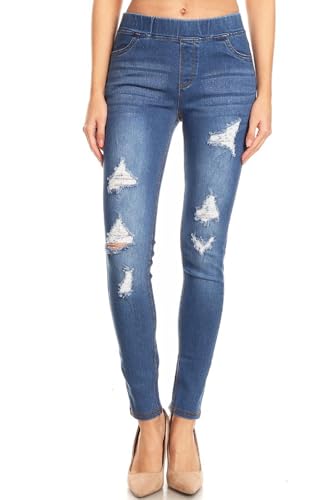 Women's Ripped Destroyed Skinny Jeans Jeggings Pull-On Elastic