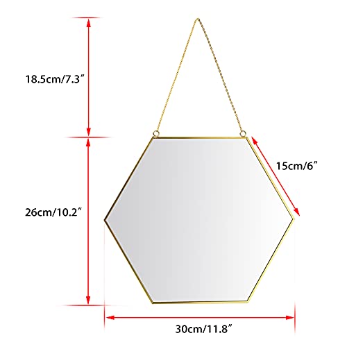 Juxyes 2 Pcs 11.8 X 10.2 Inches Hexagon Brass Frame Wall Hanging Mirror, Golden Frame Modern Geometry Mirror With Chain Wall Decor For Home Office #TOP1
