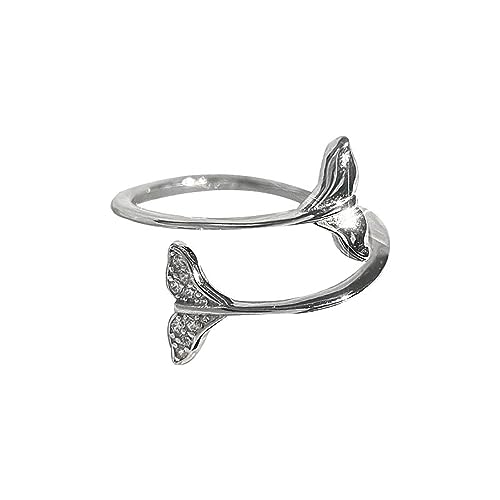 IMINI Anillo de sirena para parejas, plata de ley 925, circonita cúbica, cola de pez, anillos...