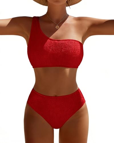 Pfreesea Women's High-Waisted Ribbed Bikini Set 2025 Red