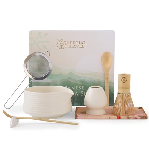 Special Leaves Matcha Set - Weiß - 8-teiliges Matcha Tee Set - Matcha Besen Schale Löffel Scoop Sieb Halter & Zubehör - Premium Matcha Kit für Matcha-Liebhaber
