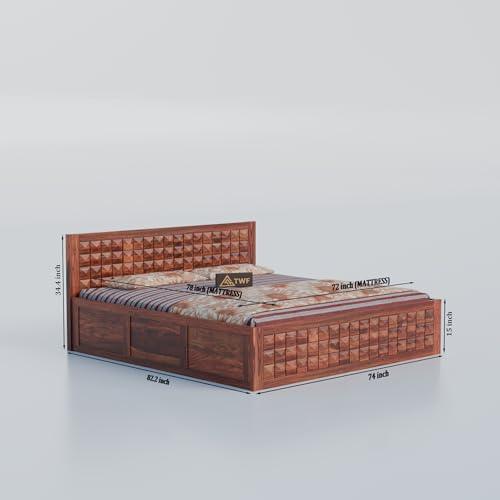 Image of Solid Sheesham Wood King Size Bed with Storage Box | Wooden Double Bed for Bedroom | Diamond Design Double Bed Cot Palang for Home | Rosewood, Honey Finish