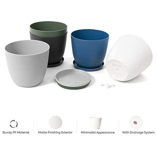 Mkono 5.5" Plastic Plant Pots For Plants With Saucers, Indoor Set Of 5 Plastic Planters Modern Flower Pot With Drainage Hole For All House Plants, Herbs, Flowers, And Seeding Nursery, Multi #TOP4
