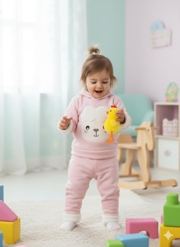 Oppland Kışlık Kız Bebek Alt Üst Takım, Kapüşonlu,%100 Pamuk, Peluş Kuzu Figürlü (Pembe, 9 ay) - Görsel 4