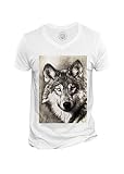 Herren-T-Shirt mit V-Ausschnitt aus Bio-Baumwolle Zeichnung Wolfskopf Wildtier Schwarz-Weiß
