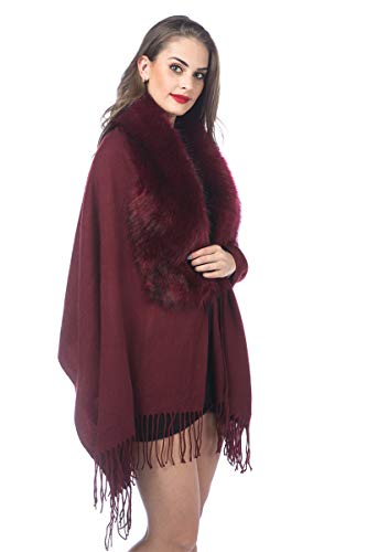 Lucky Leaf Cold Weather Luxurious Faux Fur Collar Joint Large Wrap Scarf For Ladies (Wrap1-Burgundy) #TOP4